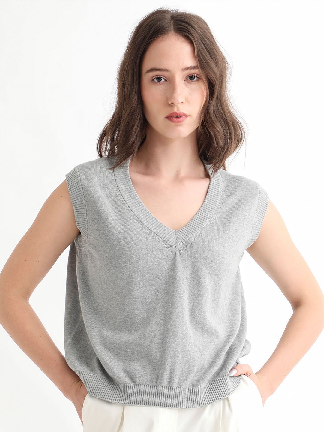RAREISM Women Grey  Cotton Sweater Vest