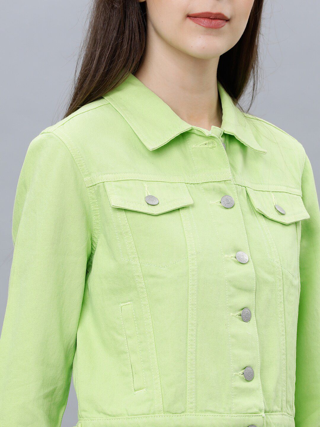 Tokyo Talkies Women Green Solid Denim Jacket