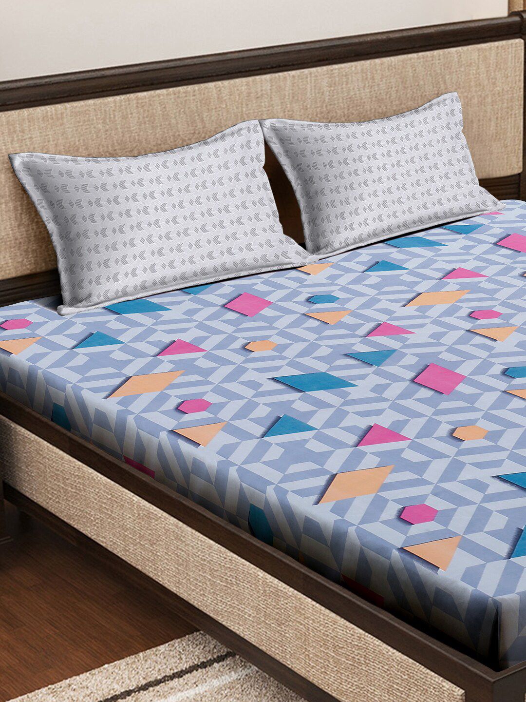 KLOTTHE Biru Kapas Geometrik 300 TC Dilengkapi Cadar King dengan 2 Sarung Bantal-250 x 225 cm