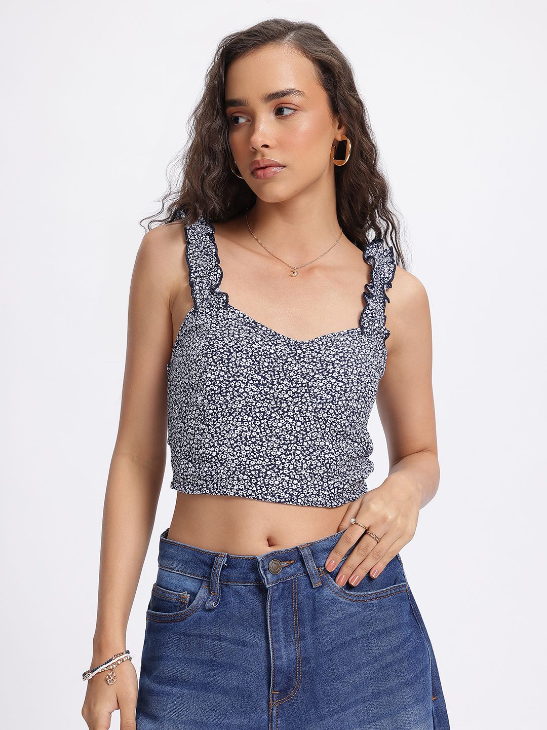 DressBerry Ditsy Blooms Floral Print Smocked Ruffles Crop Top