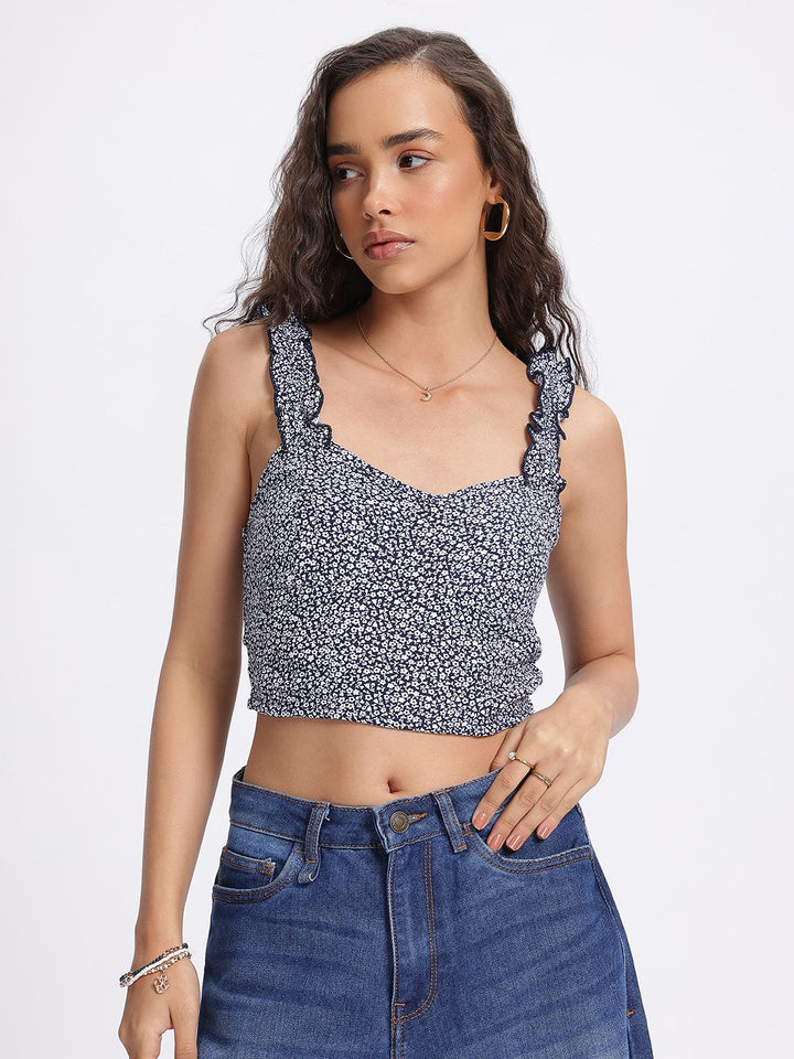 DressBerry Ditsy Blooms Floral Print Smocked Ruffles Crop Top