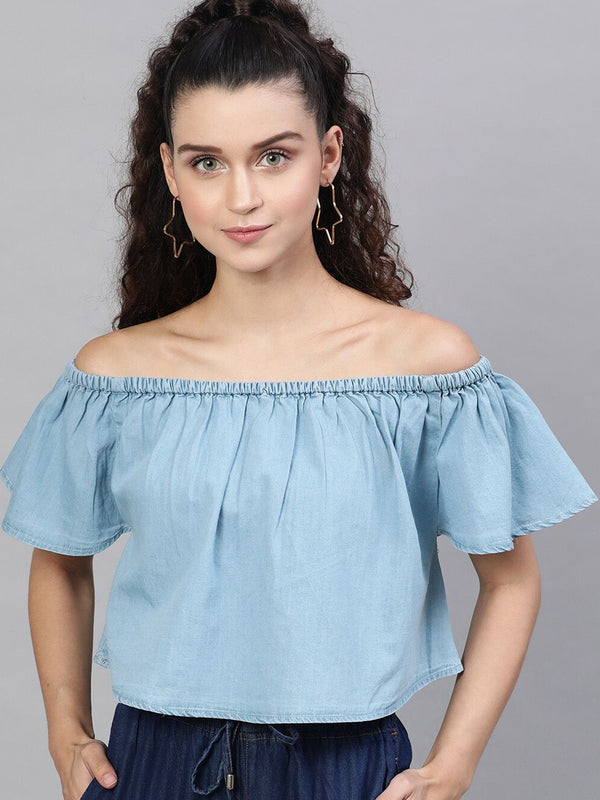 STREET 9 Blue Off-Shoulder Flared Sleeves Pure Cotton Denim Bardot Crop Top
