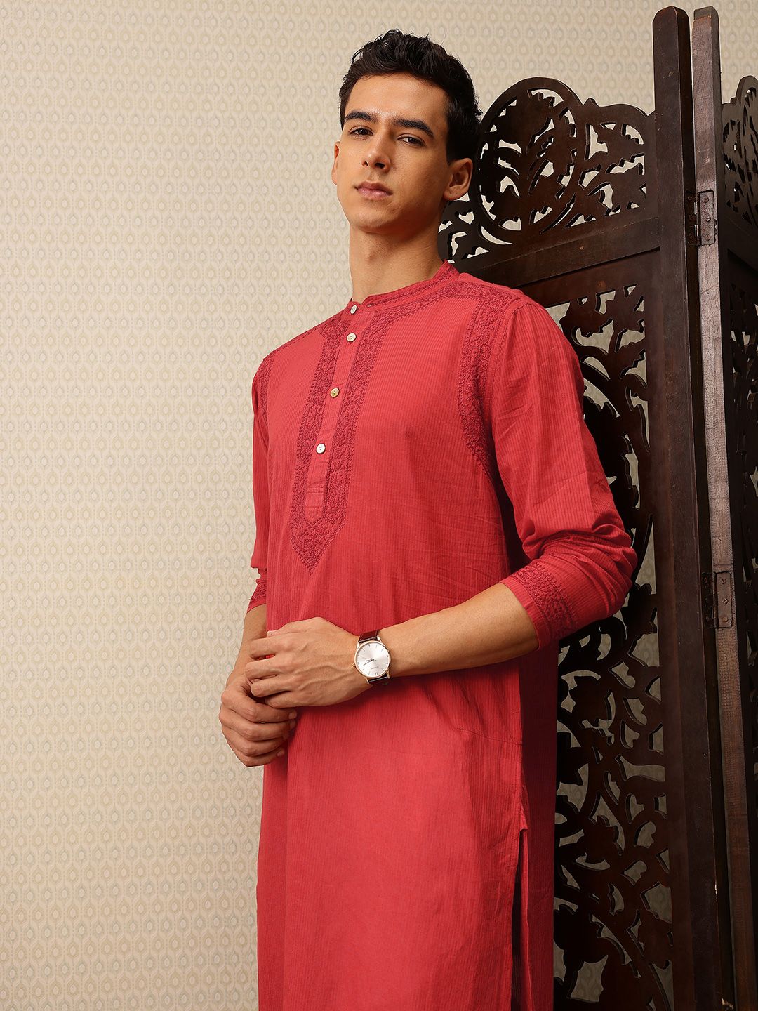 House of Pataudi Striped & Embroidered Pure Cotton Jashn Kurta with Trousers