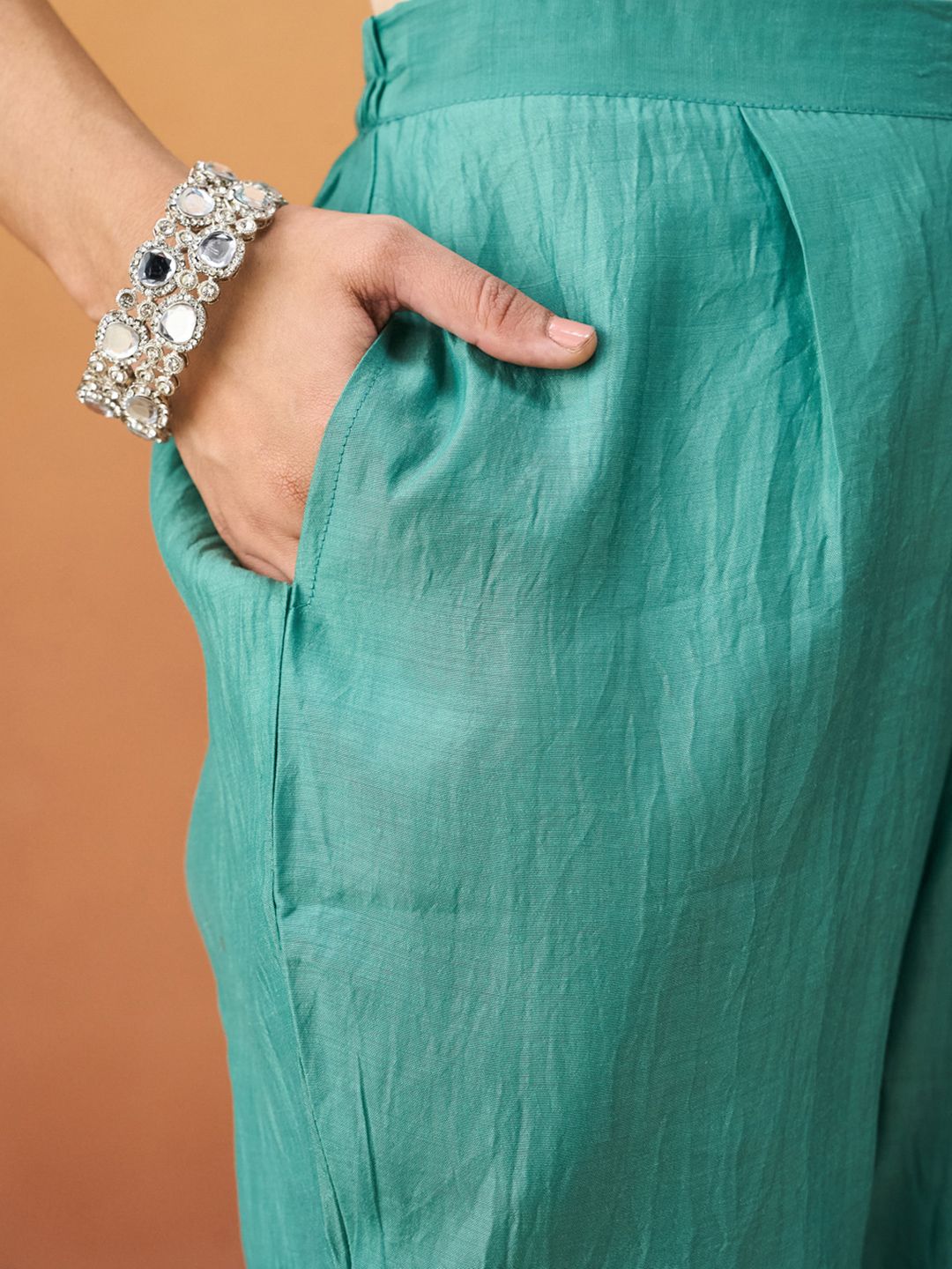 KALINI Sequinned Round Neck Thread Work Kurta With Trousers