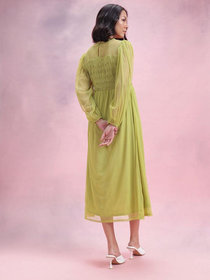 DressBerry Puff Sleeve Net Smocked A-Line Midi Dress