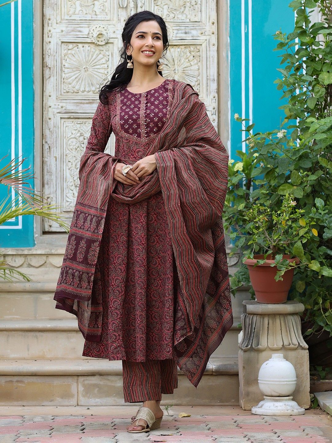 KALINI Ethnic Motifs Printed Empire Sequinned Kurta with Trousers & Dupatta