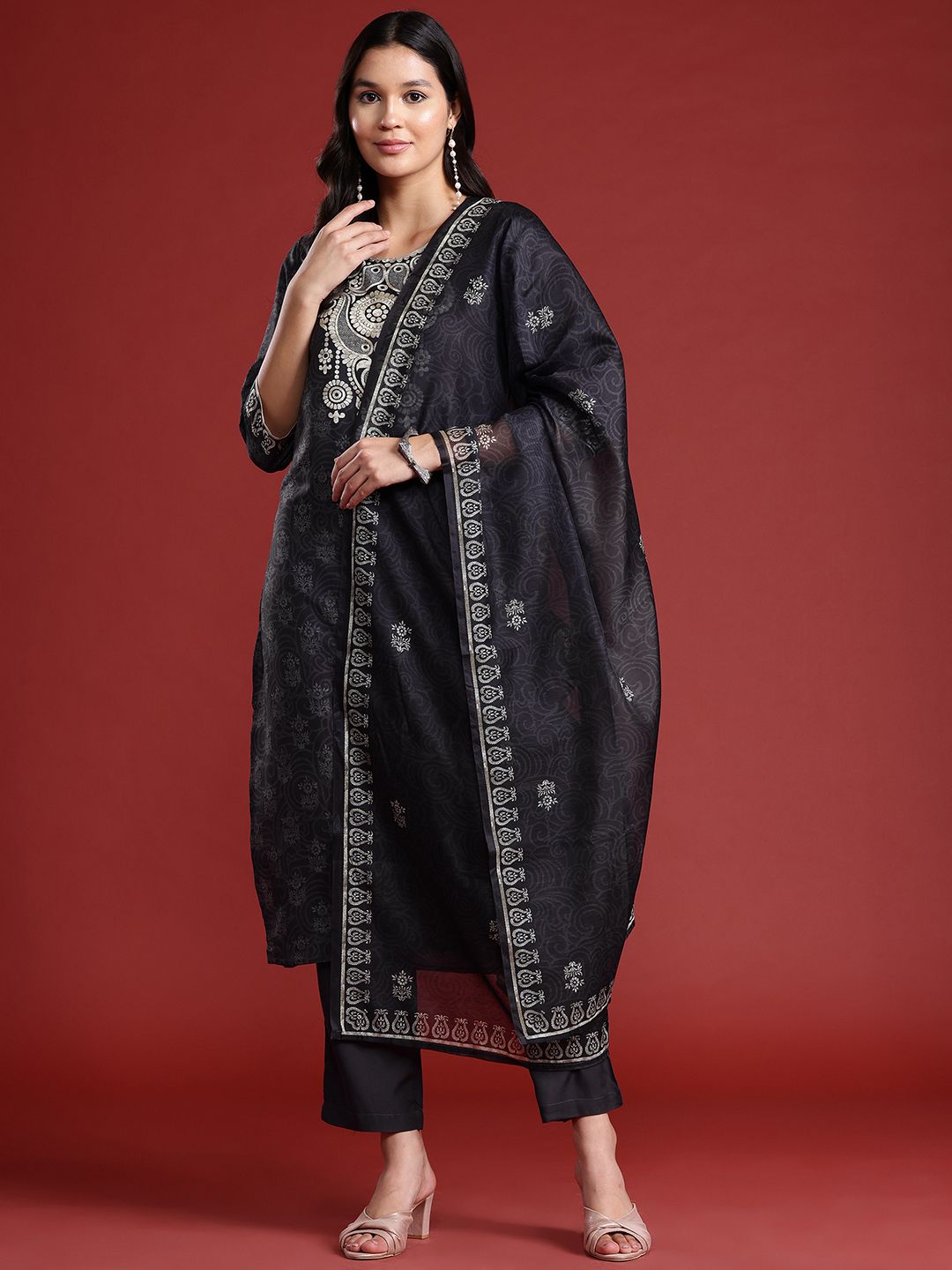 Anouk Printed Kurta with Trousers & Dupatta