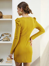 Berrylush Yellow Puff Sleeves V-Neck Wrap Mini Dress