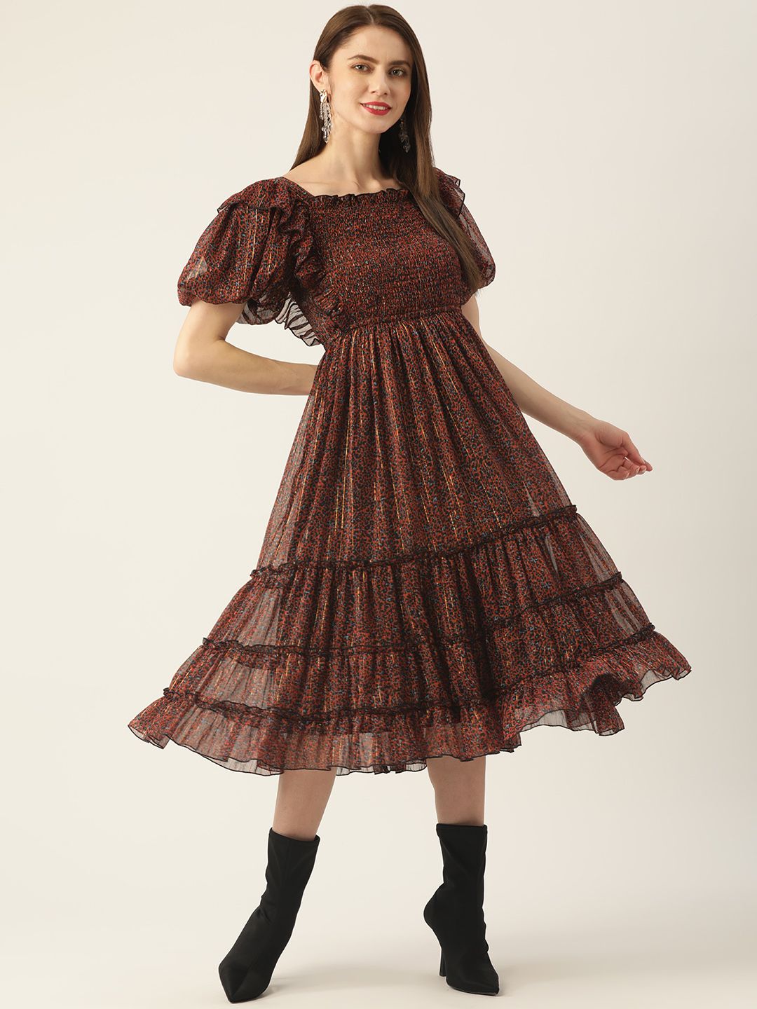 Antheaa Black & Orange Smocked Chiffon Midi Dress