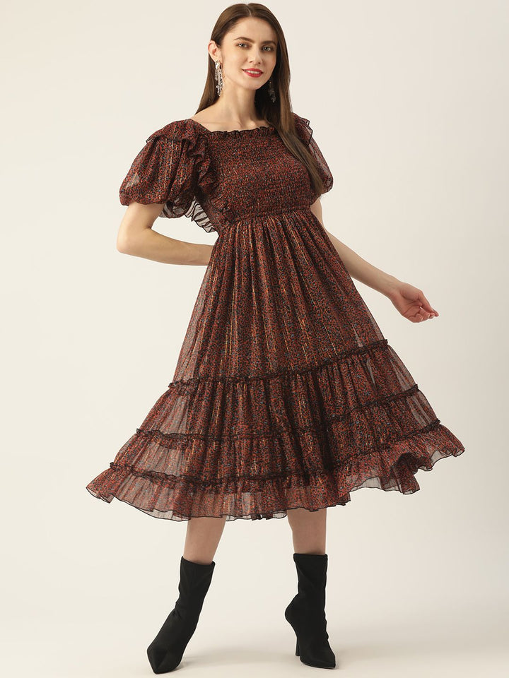 Antheaa Black & Orange Smocked Chiffon Midi Dress