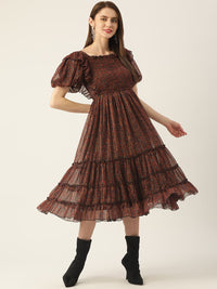 Antheaa Black & Orange Smocked Chiffon Midi Dress