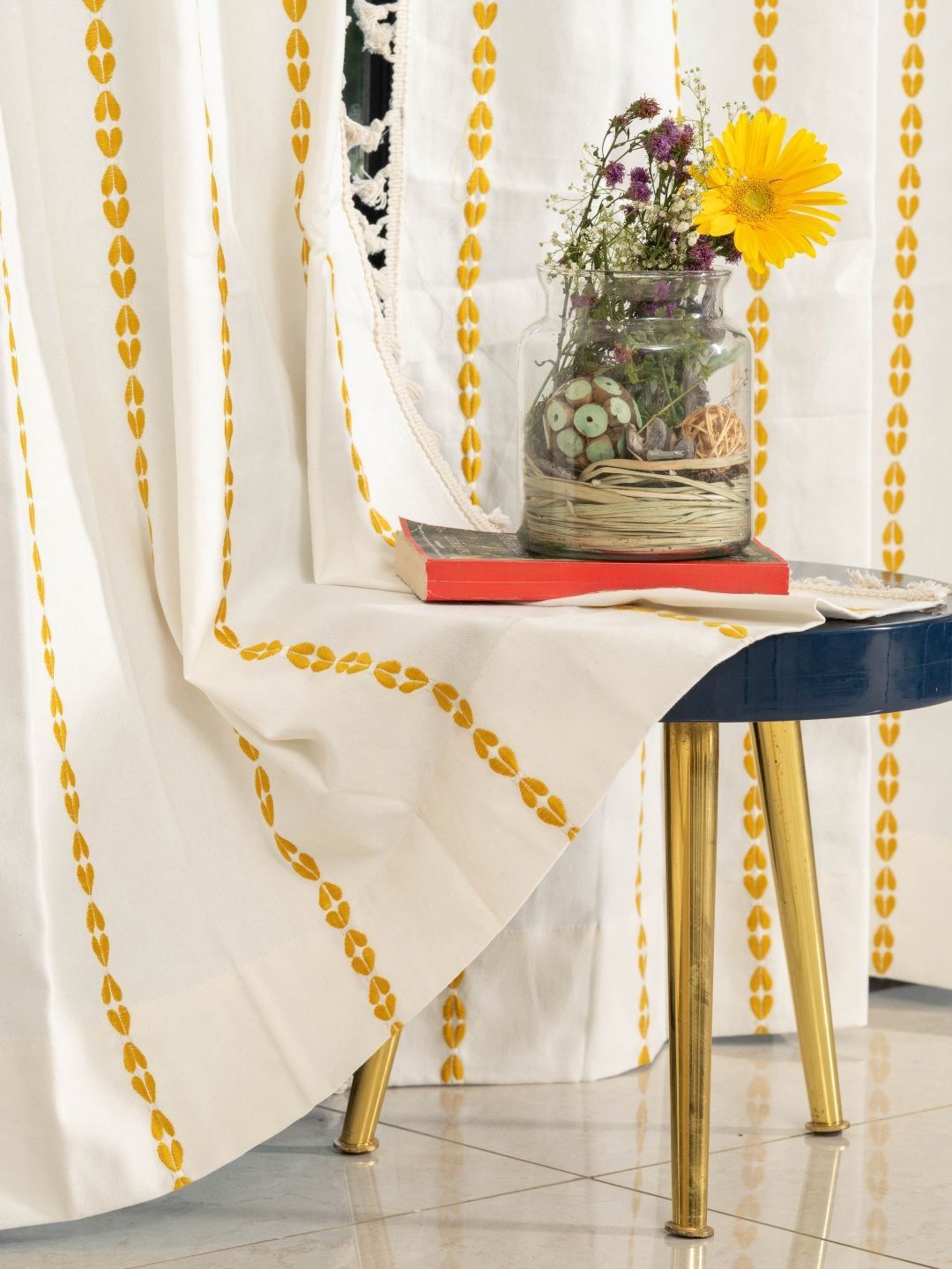 URBAN SPACE Yellow & White Embroidered Long Door Curtain