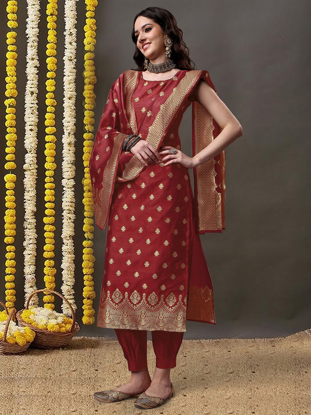 KALINI Ethnic Motifs Woven Design Kurta & Salwar With Dupatta