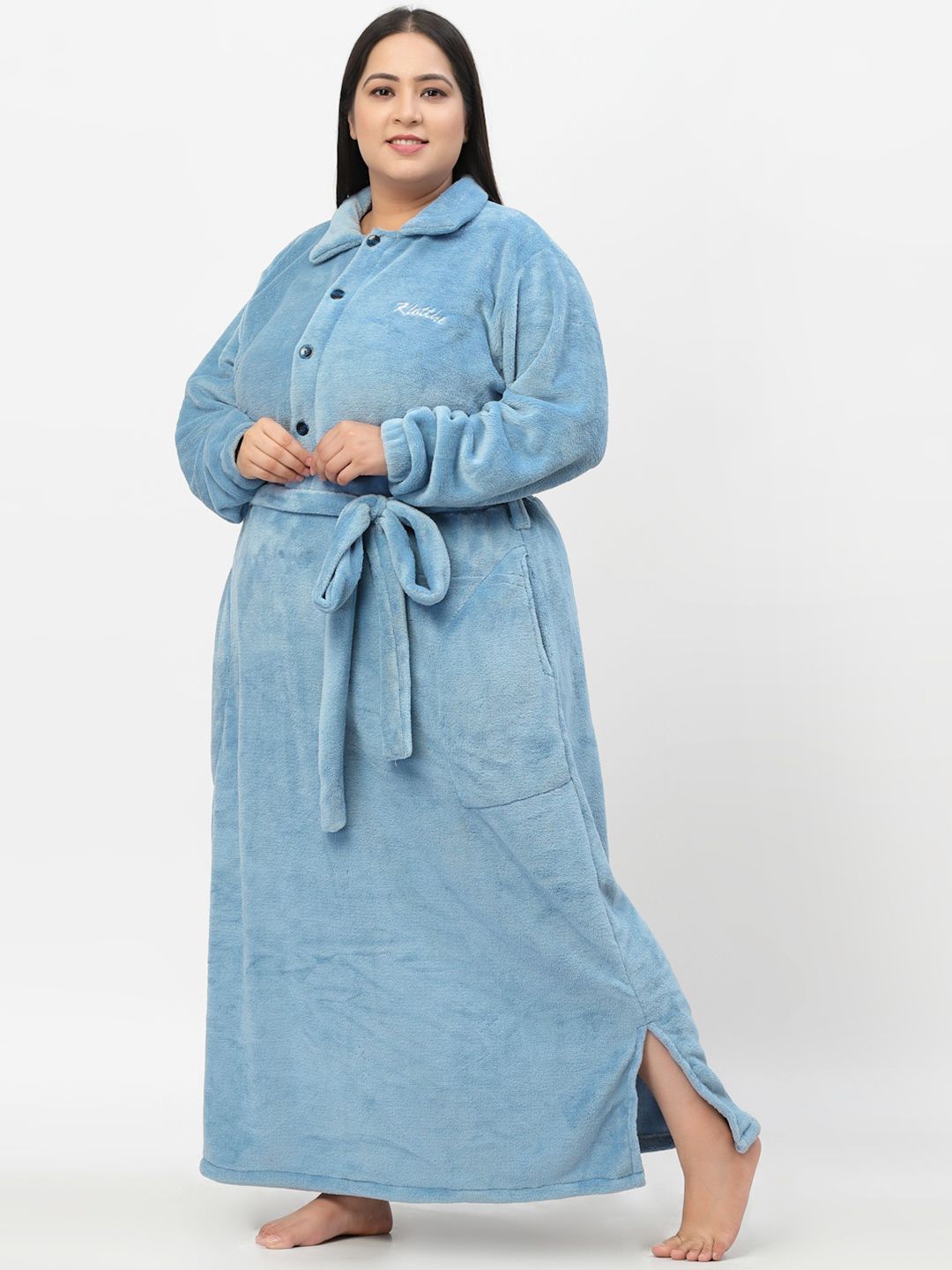 KLOTTHE Plus Size Long Sleeve Woolen Bath Robe With Belt