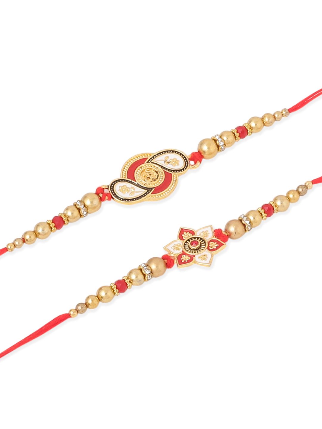 NVR Unisex Set of 2 Floral Artificial Beads Thread Rakhi With Roli Chawal Chandan Mishri