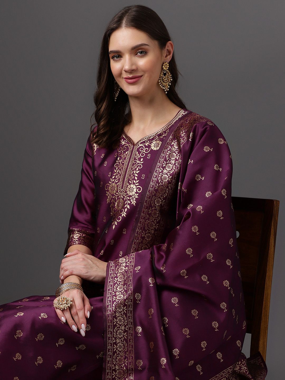 Anouk Zari Woven Design Kurta with Trousers & Dupatta