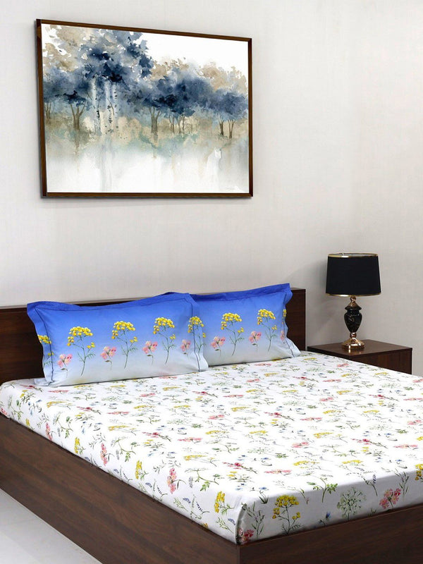 BOMBAY DYEING Blooming Muse Blue Floral Cotton 144 TC King Bedsheet Set 2.74 x 2.74 m