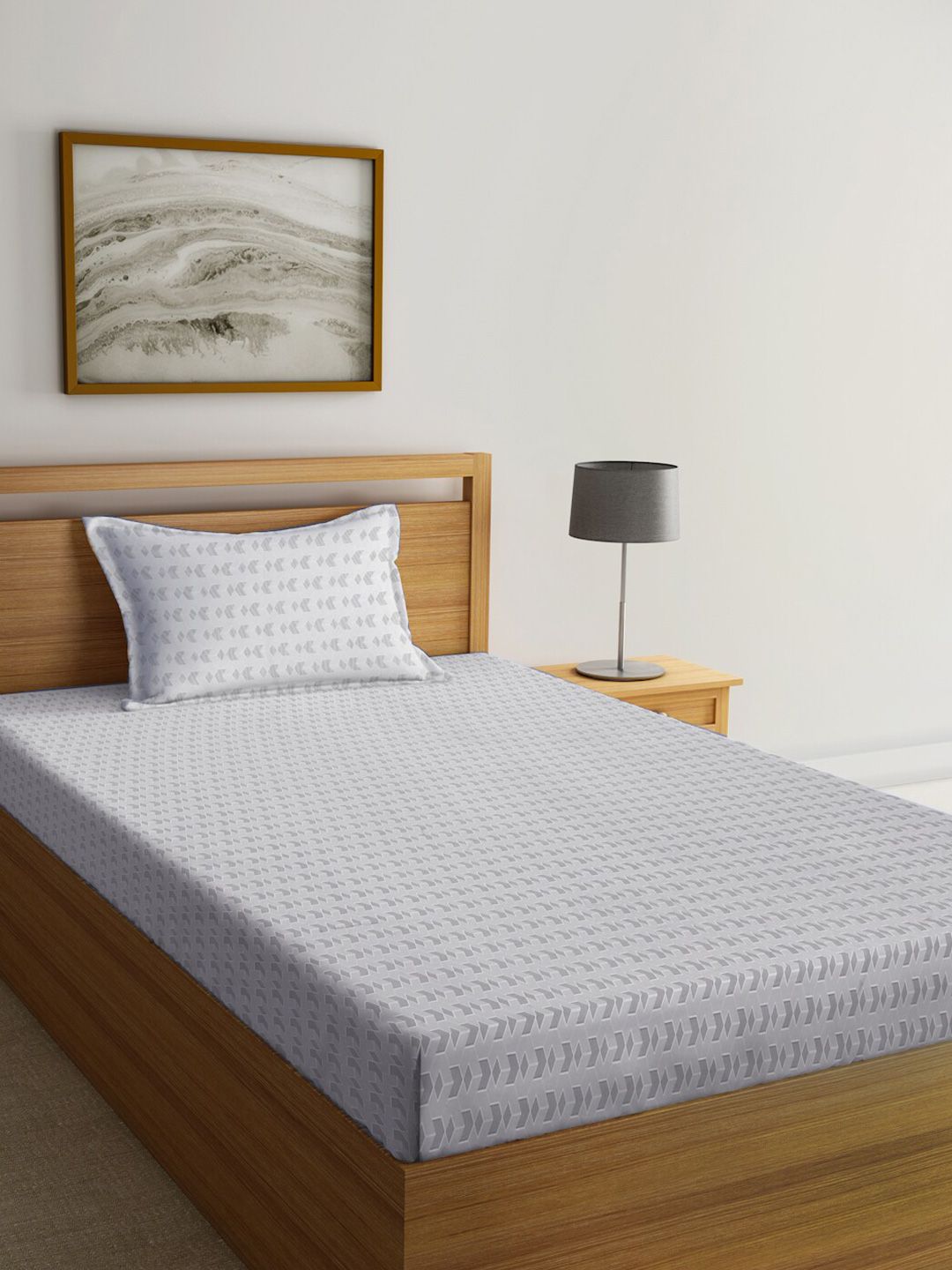 KLOTTHE Grey Geometric Cotton 300 TC Single Fine Bedsheet with a Pillow Cover-87 x 59 inches