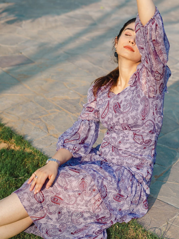 STREET 9 Lavender & Maroon Ethnic Motifs Chiffon Maxi Dress