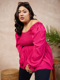 Curve Berrylush Plus Saiz Square Neck Smocked A-Line Regular Top