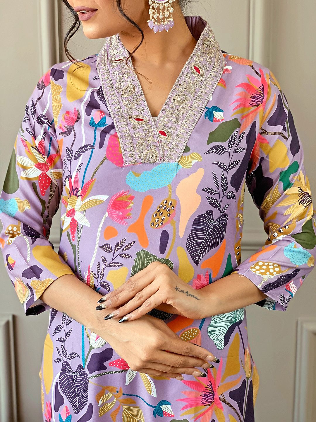KALINI Floral Embroidered V-Neck Three-Quarter Sleeves Thread Work Kurta Set