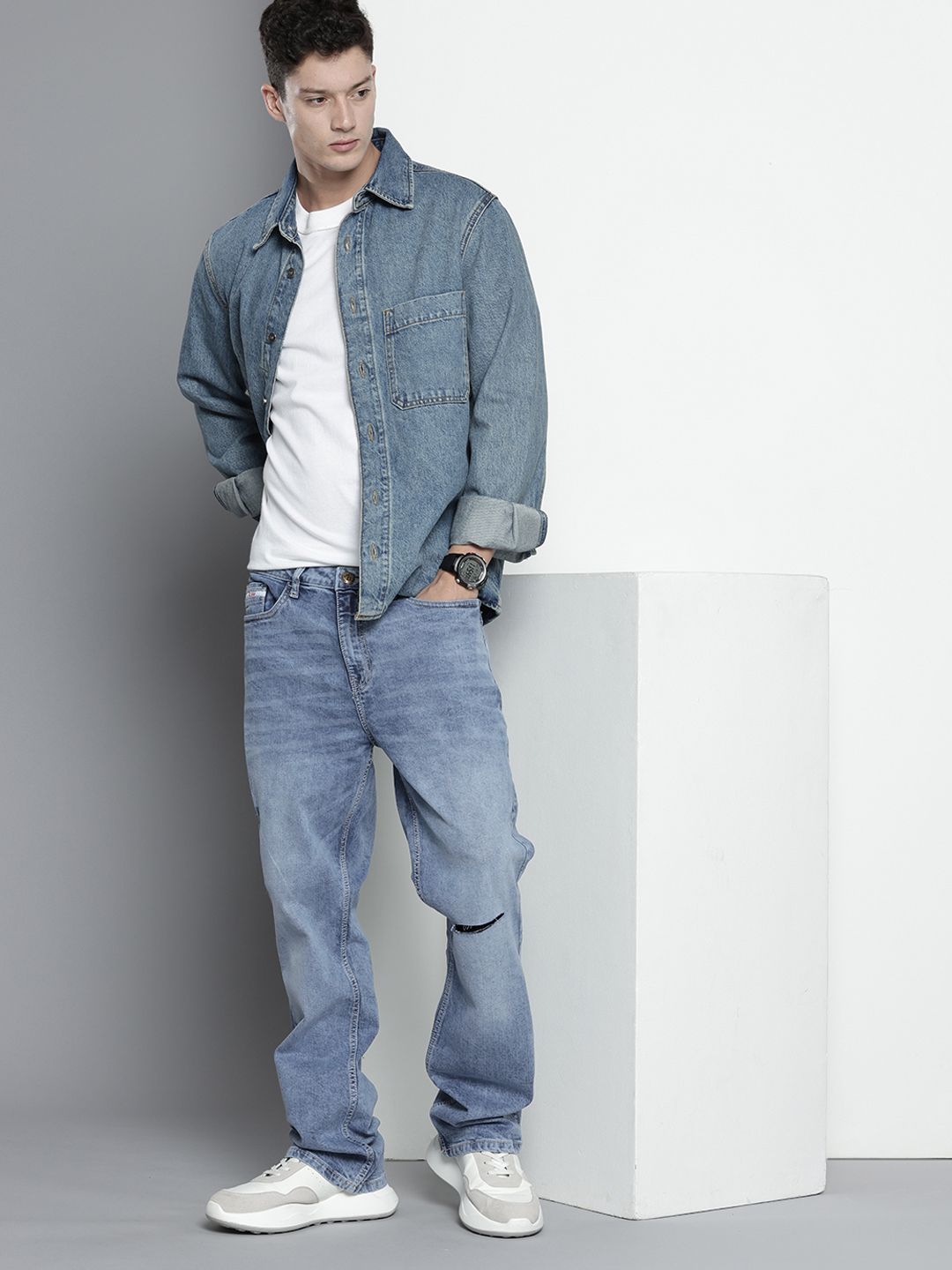 The Indian Garage Co Men Bootcut Slash Knee Ripped Light Fade Stretchable Jeans