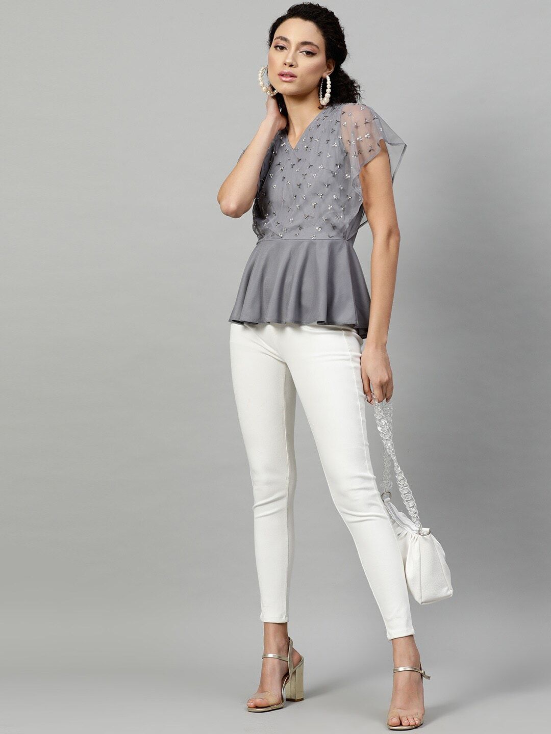 STREET 9 Grey Embellished Flared Sleeves Layered Net Wrap Top