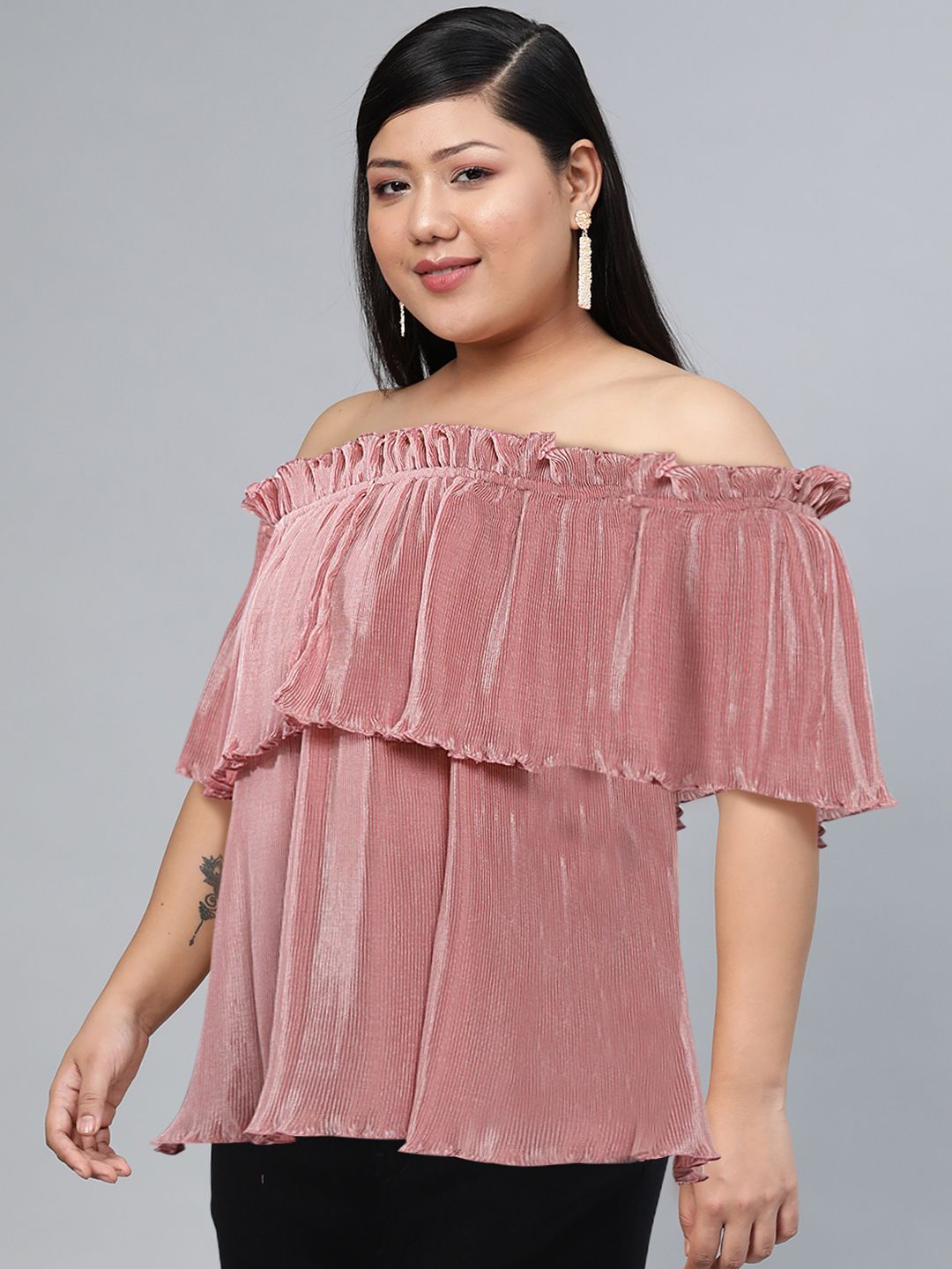 SASSAFRAS Pink Off-Shoulder Layered Bardot Top
