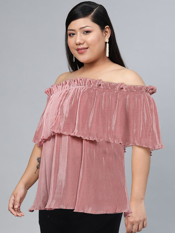 SASSAFRAS Pink Off-Shoulder Layered Bardot Top
