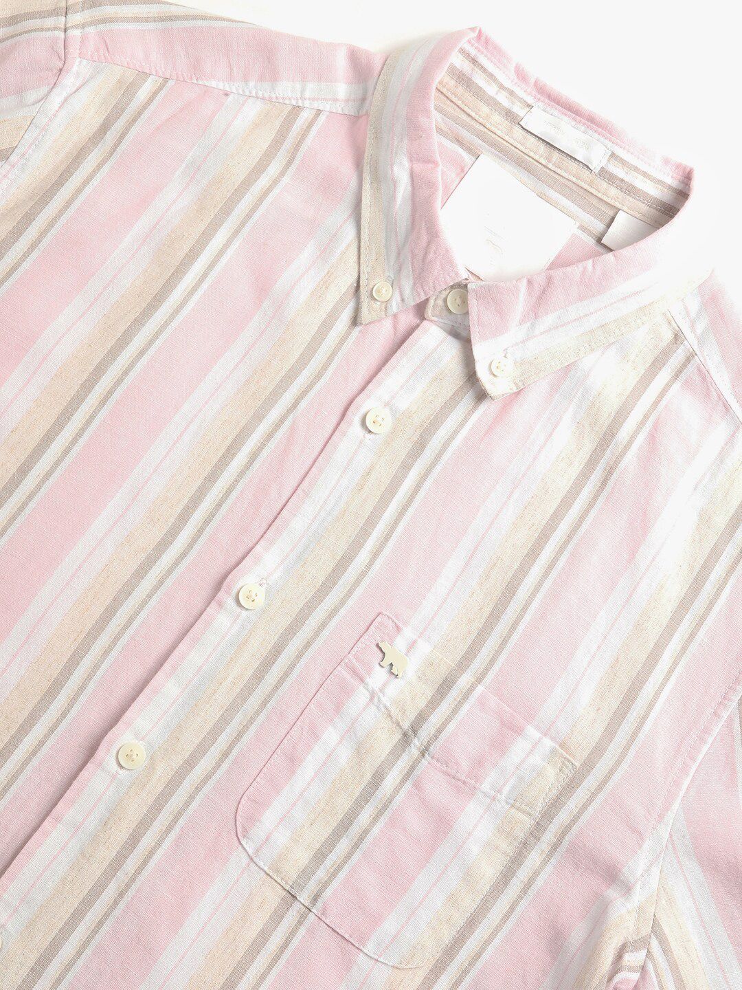 THE BEAR HOUSE Slim Fit Vertical Striped Button-Down Collar Cotton Linen Casual Shirt