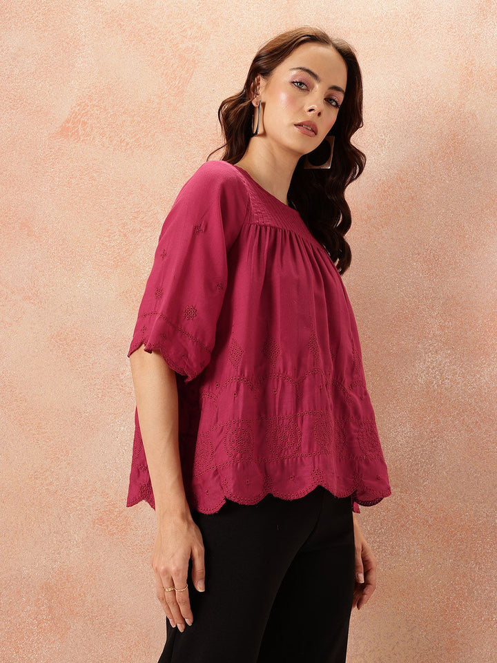 all about you Pin Tucks & Schiffli Embroidered A-Line Top