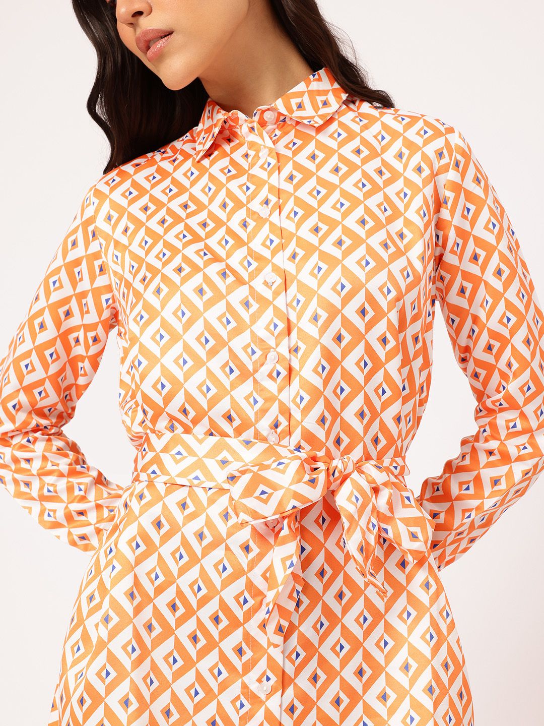 DressBerry Classy & Cool Geometric Printed Belted Mini Shirt Dress