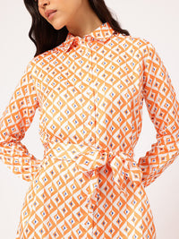 DressBerry Classy & Cool Geometric Printed Belted Mini Shirt Dress