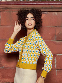 SASSAFRAS Floral Printed V-Neck Ribbed Woollen Cardigan