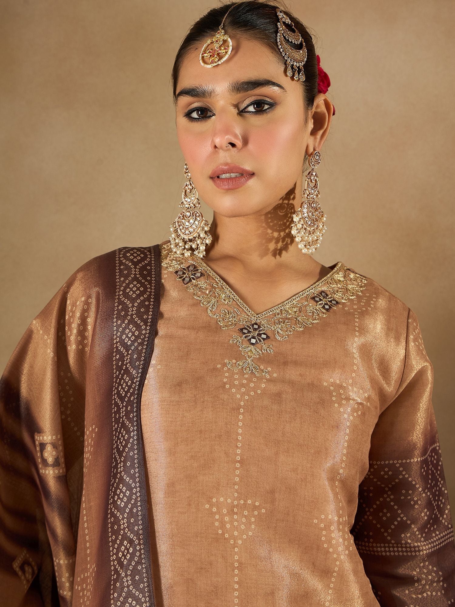 Indo Era Floral Embroidered Embellished V-Neck Straight Kurta with Trouser And Dupatta