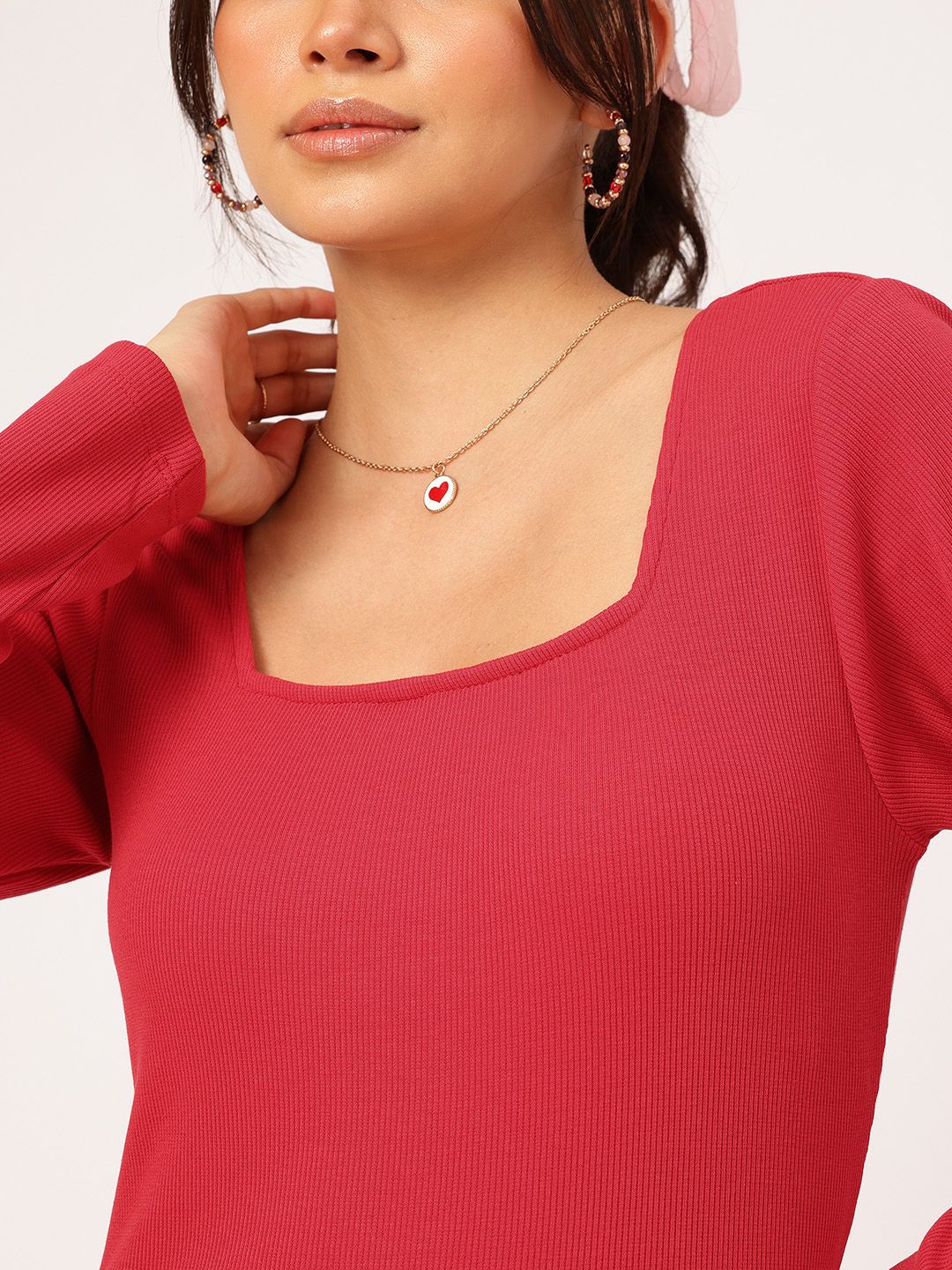 DressBerry Cheery Red Minimalist Kawaii Ribbed Drop-Waist Mini Dress