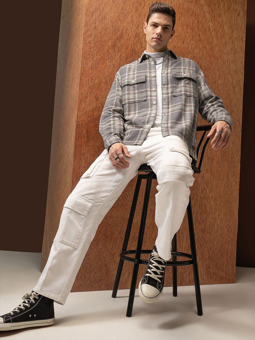 Locomotive Premium Men Grey Oversized Dobby Textured Checked Utility Pocket Overshirt