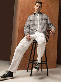 Locomotive Premium Men Grey Oversized Dobby Textured Checked Utility Pocket Overshirt