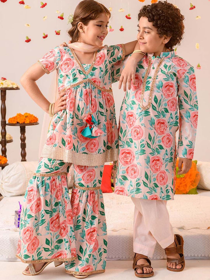 pspeaches Girls Floral Printed Regular Pure Cotton Kurta with Sharara & Dupatta