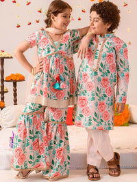 pspeaches Girls Floral Printed Regular Pure Cotton Kurta with Sharara & Dupatta