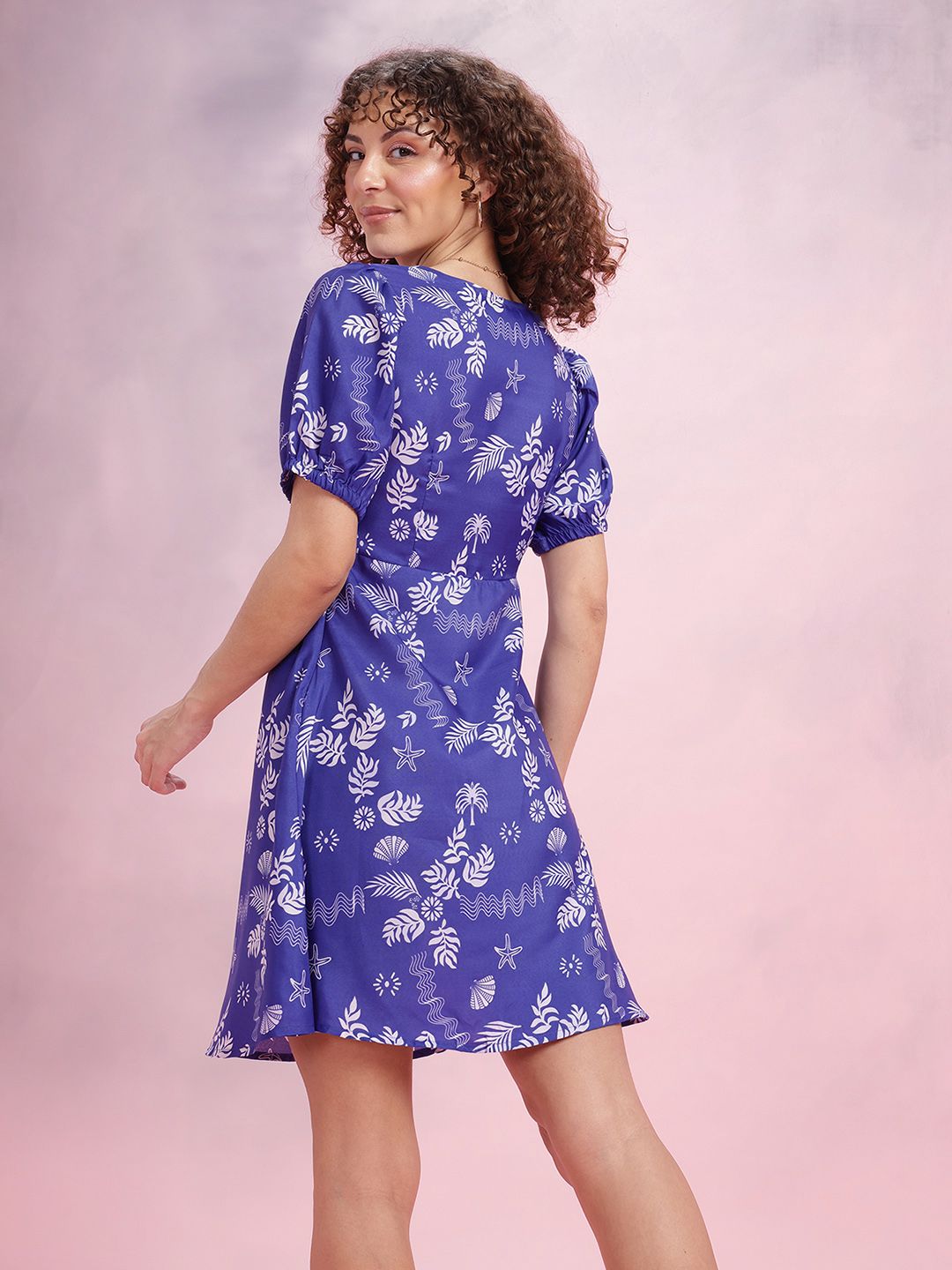 DressBerry Printed Faux Wrap Puff Sleeve A-Line Dress