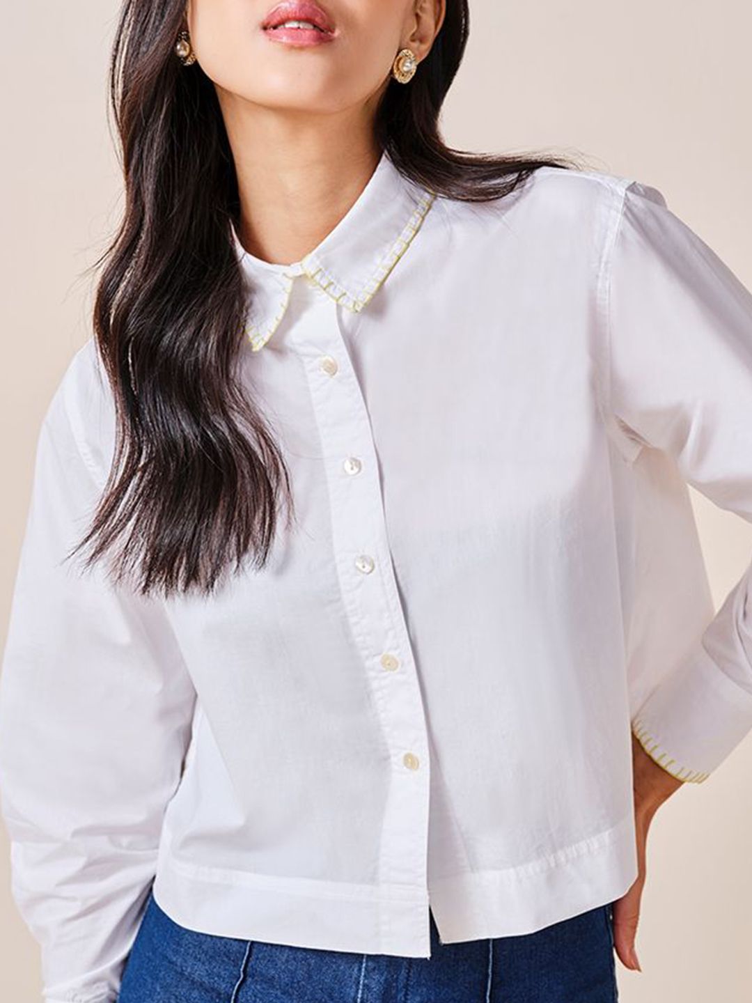 AND Women Solid Cotton Long Sleeves Shirt Style Top