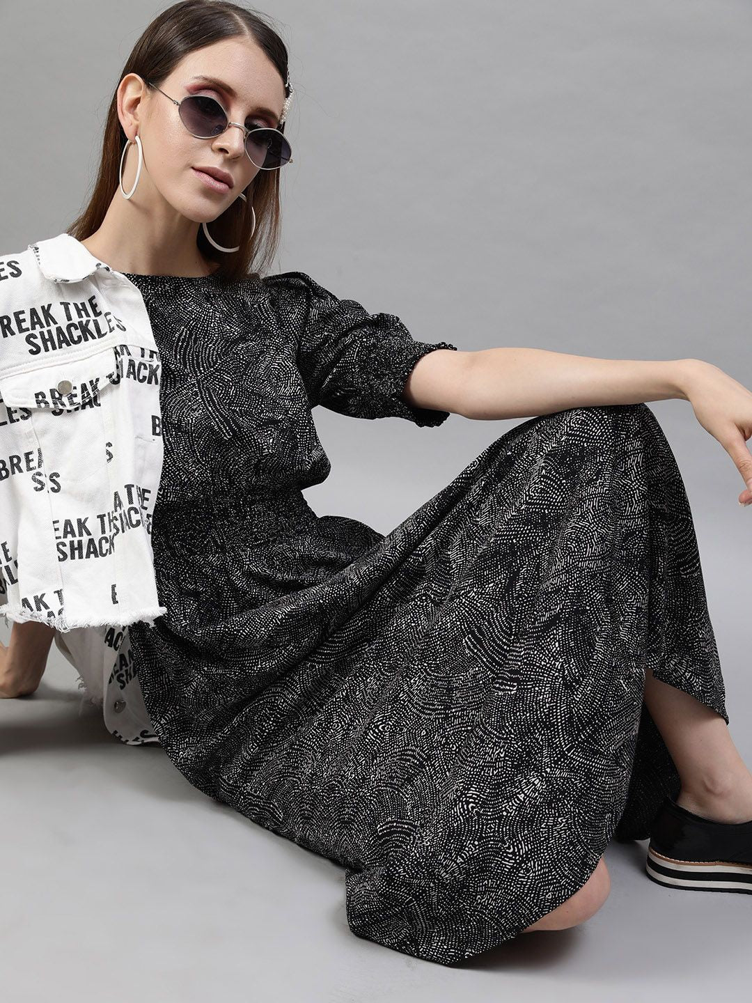 STREET 9 Black Printed A-Line Dress
