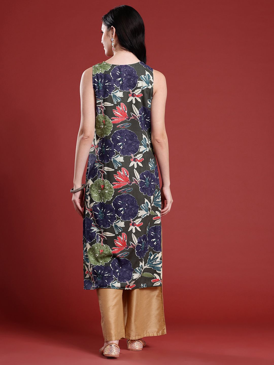 Anouk Floral Printed V-Neck Straight Kurta