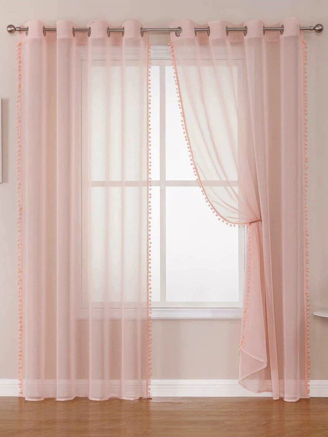 URBAN SPACE Pink 2-Piece Linen Sheer Window Curtains