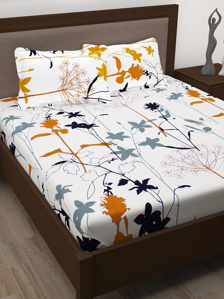 Story@home White & Mustard Floral 186 TC Pure Cotton Queen Bedsheet With 2 Pillow Covers