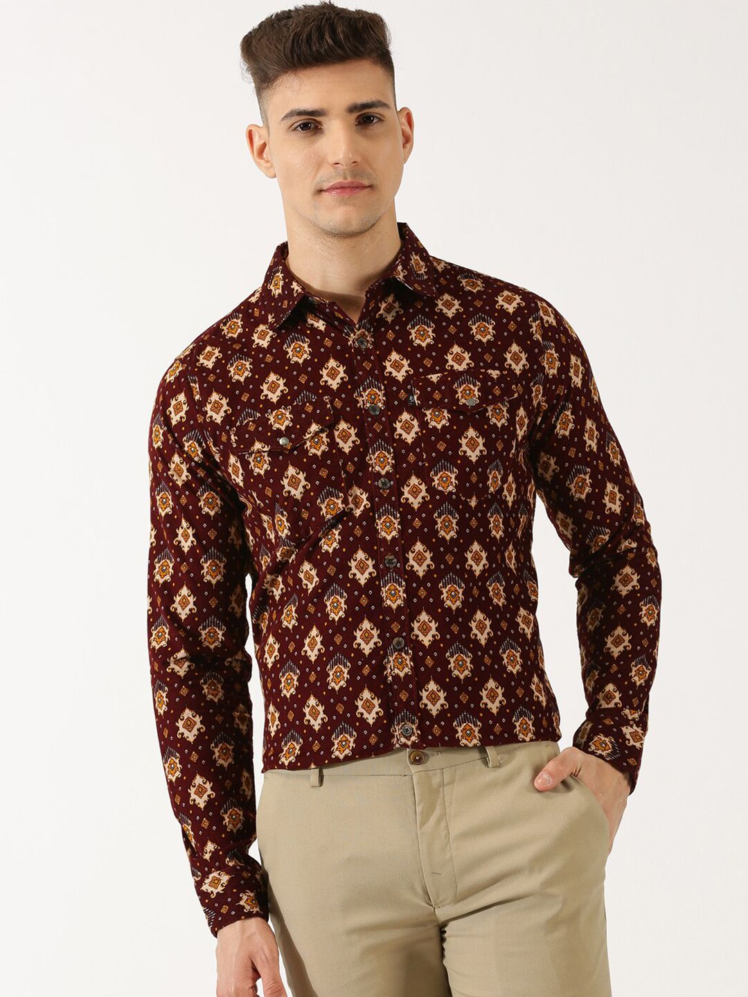 Thomas Scott Classic Slim Fit Ethnic Motifs Printed Pure Cotton Corduroy Semiformal Shirt