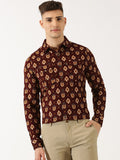 Thomas Scott Classic Slim Fit Ethnic Motifs Printed Pure Cotton Corduroy Semiformal Shirt