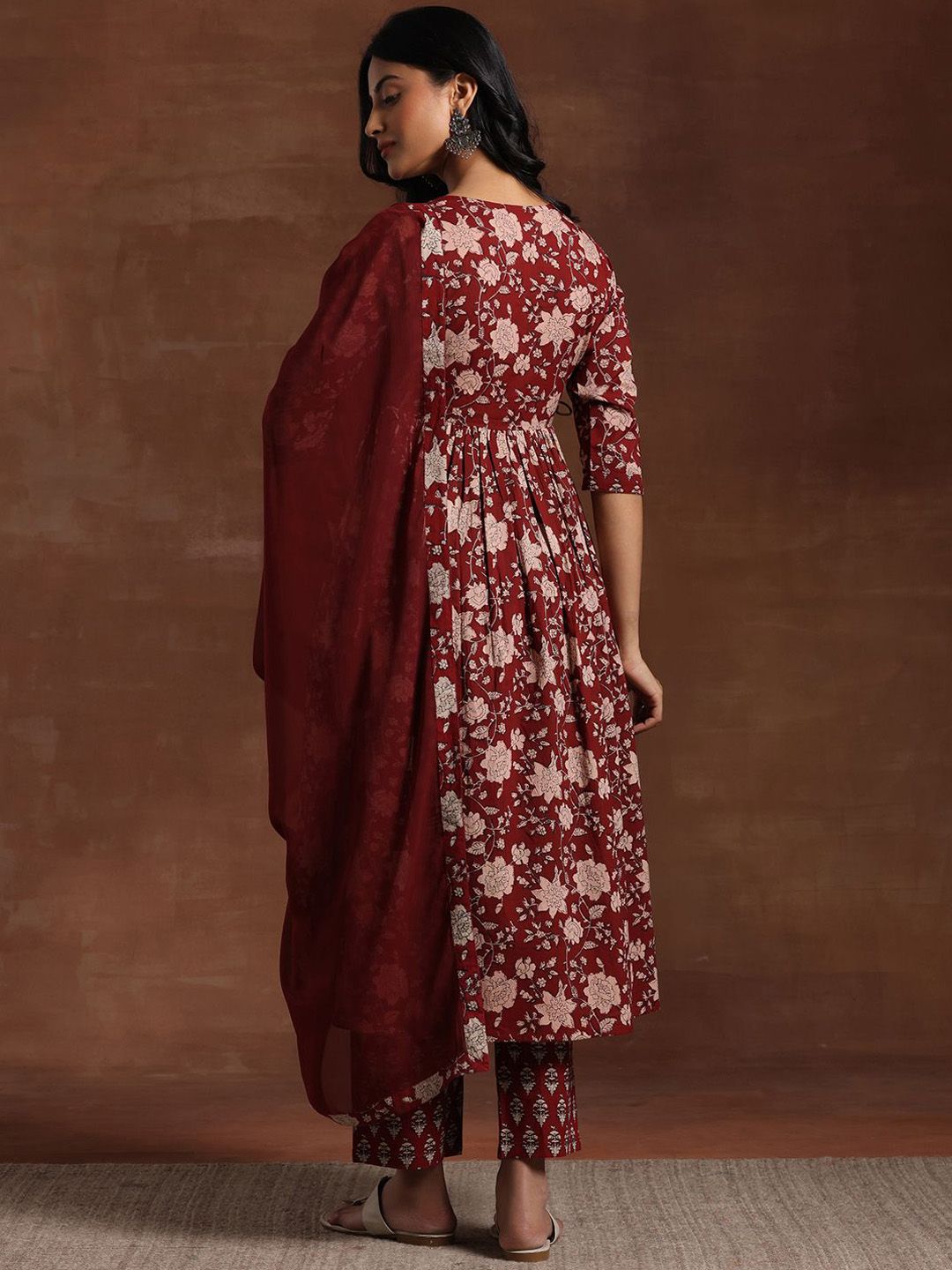 Libas Womens Maroon Printed Cotton Anarkali Kurta With Trousers & Dupatta