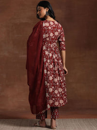 Libas Womens Maroon Printed Cotton Anarkali Kurta With Trousers & Dupatta
